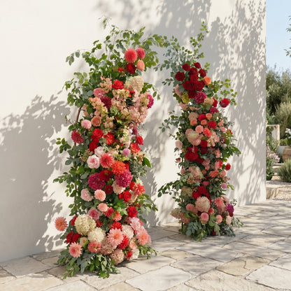 Torie: Luxury Deep Red, Blush Pink &amp; Warm Peach Silk Floral Ground Horn Arch Arrangement with Lush Cascading Greenery for Romantic Weddings &amp; Garden Event Decor Including Frame
