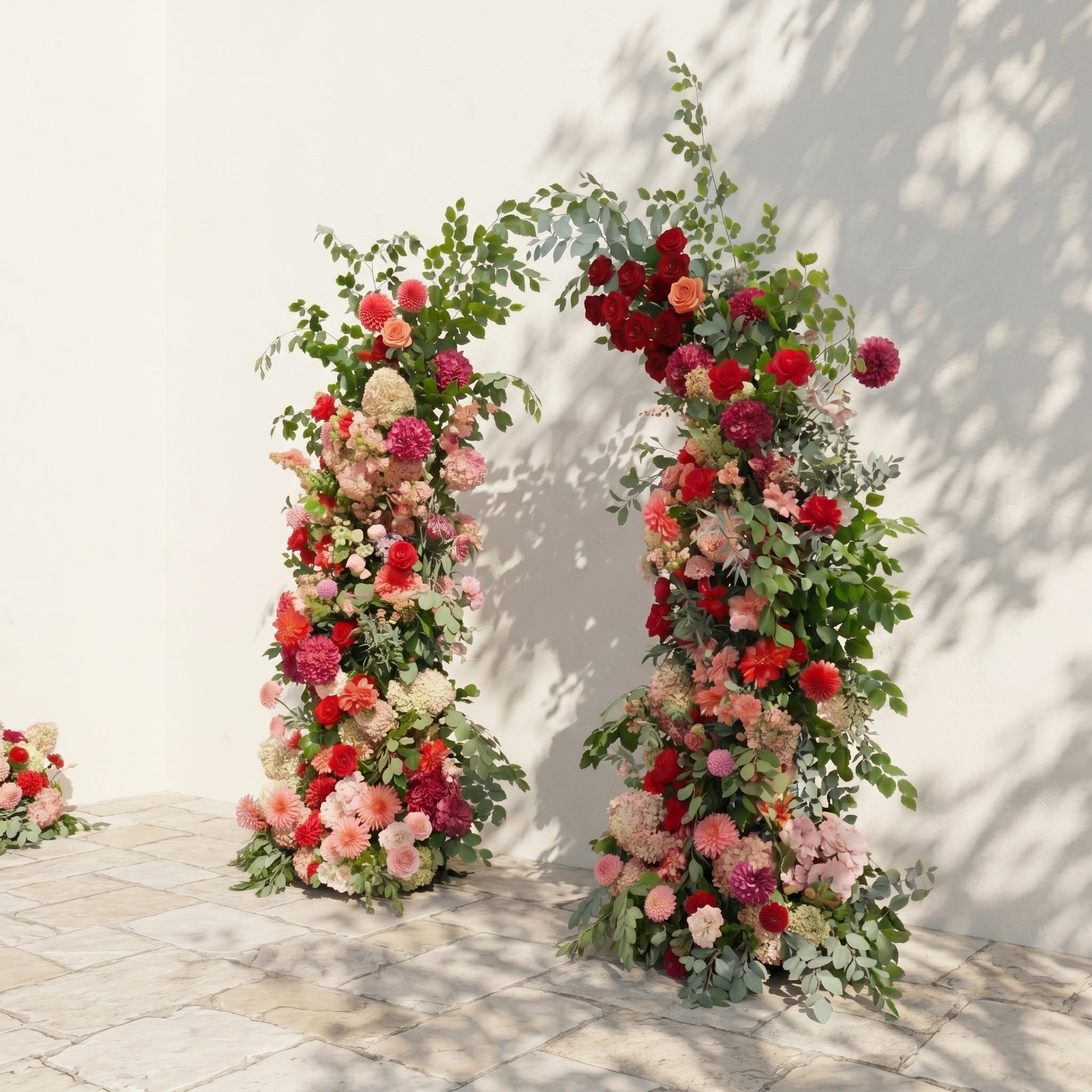Torie: Luxury Deep Red, Blush Pink &amp; Warm Peach Silk Floral Ground Horn Arch Arrangement with Lush Cascading Greenery for Romantic Weddings &amp; Garden Event Decor Including Frame