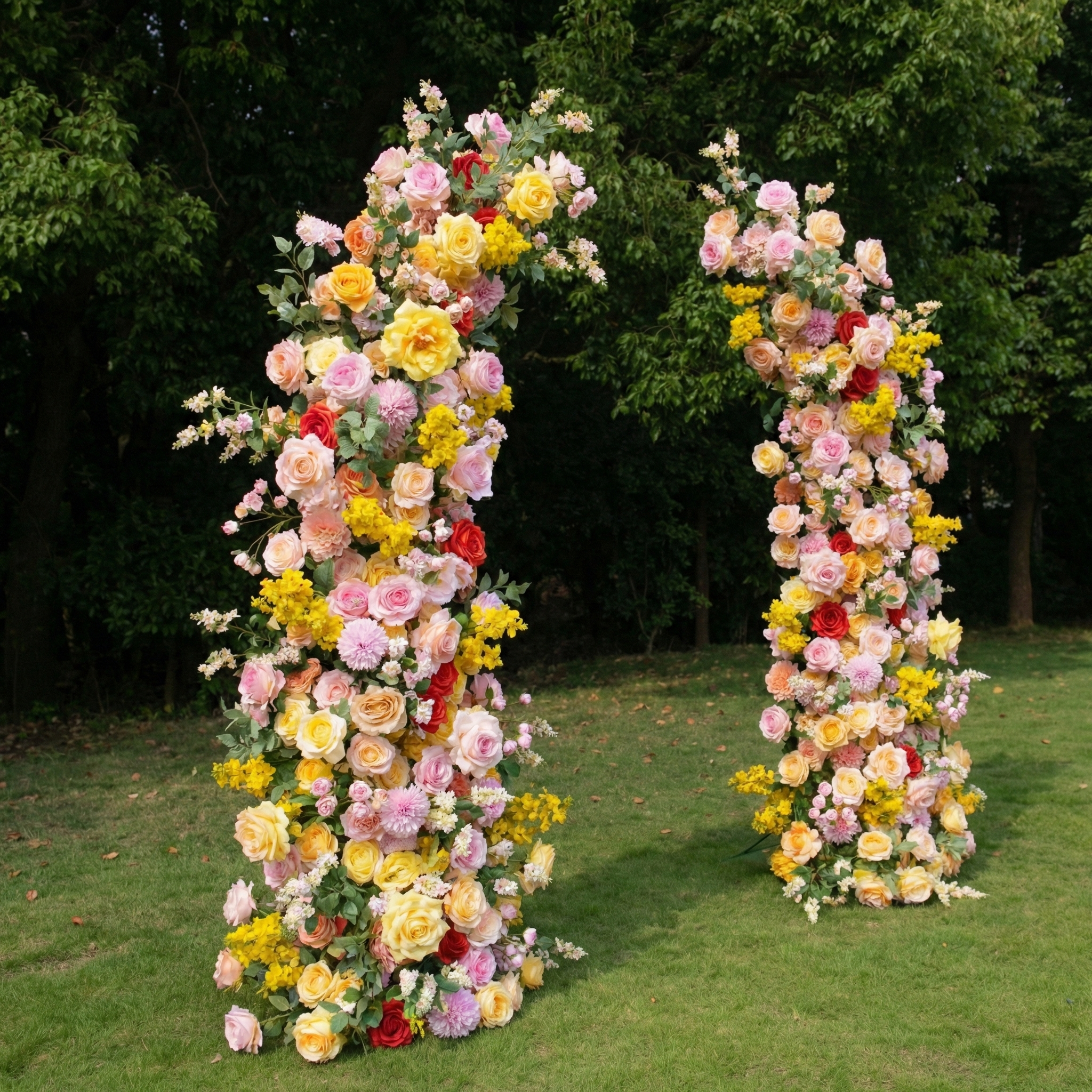 Vaelis: Luxury Golden &amp; Peony Pink Silk Rose Ground Arch Arrangement for Dreamy Garden Weddings &amp; Vibrant Aisle Decor