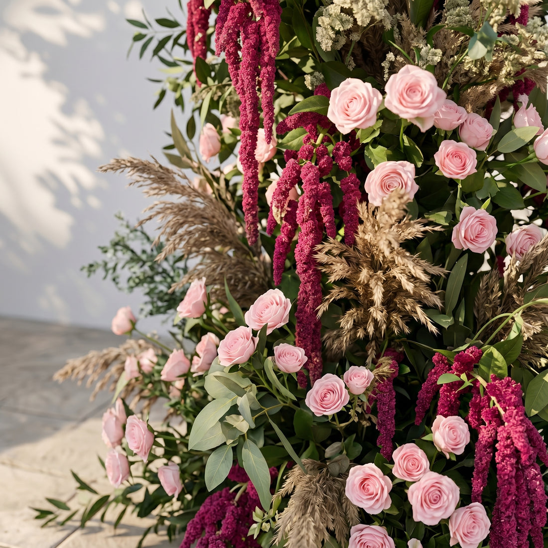 Vallora:Luxury Blush Pink, Burgundy Amaranthus &amp; Neutral Pampas Silk Floral Ground Horn Arch Arrangement with Soft Sorelia &amp; Cascading Trailing Greenery for Romantic Minimalist Weddings &amp; Garden Event Decor Including Frame