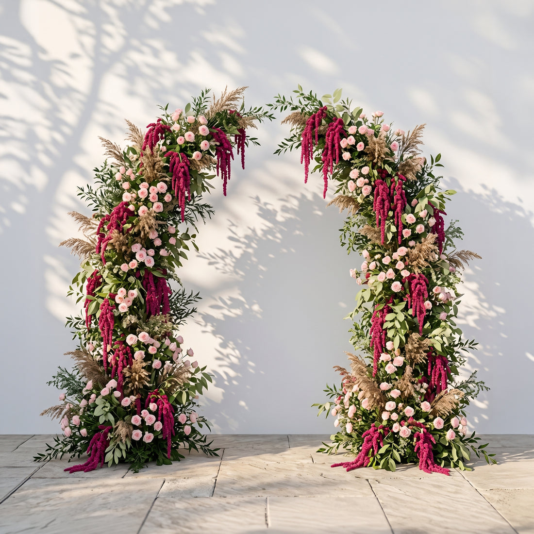 Vallora:Luxury Blush Pink, Burgundy Amaranthus &amp; Neutral Pampas Silk Floral Ground Horn Arch Arrangement with Soft Sorelia &amp; Cascading Trailing Greenery for Romantic Minimalist Weddings &amp; Garden Event Decor Including Frame
