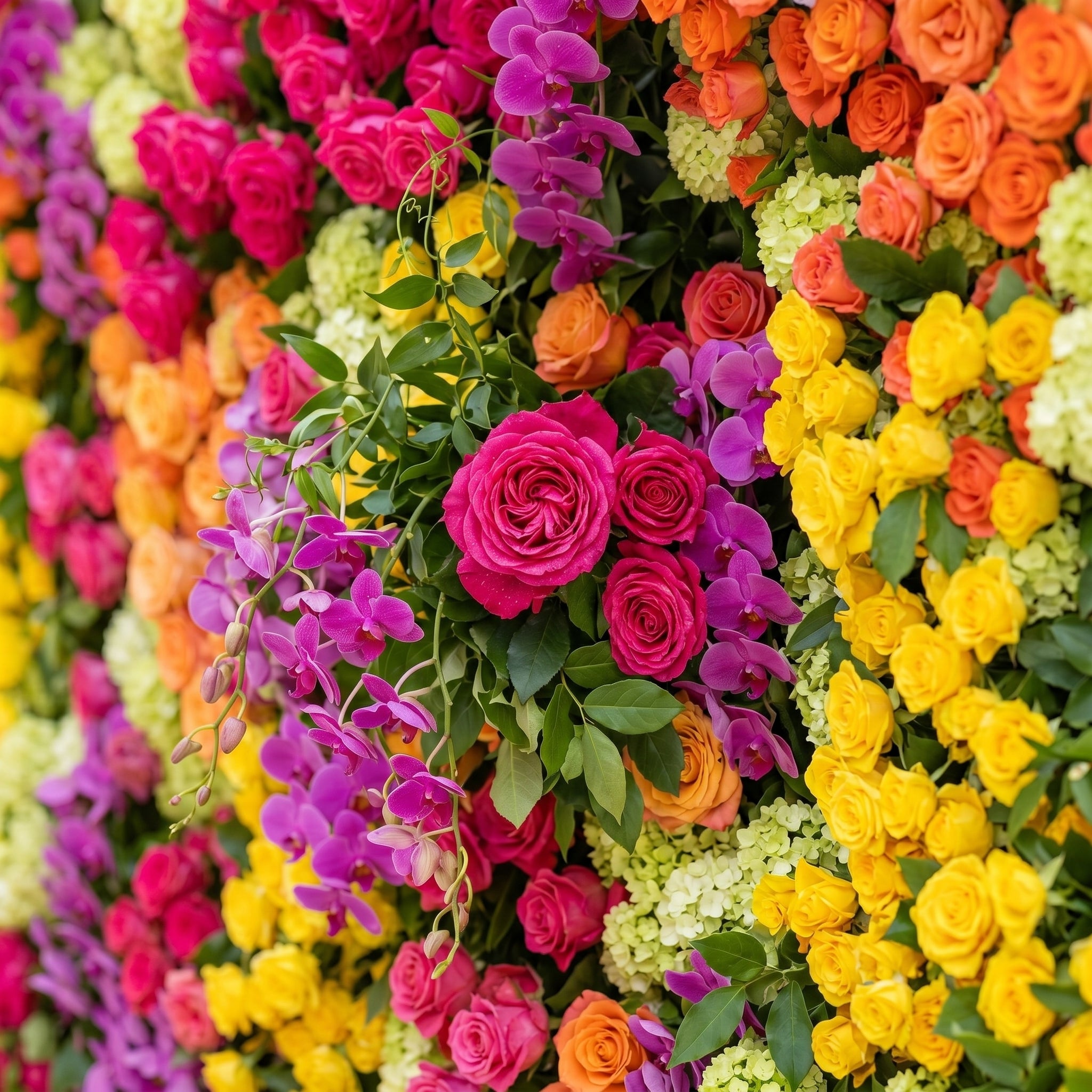 Valnella:5D Rainbow Tropical Mixed Bright Tone Silk Rose Flower Wall Roll-Up Fabric Backdrop for Romantic Weddings &amp; Proposals