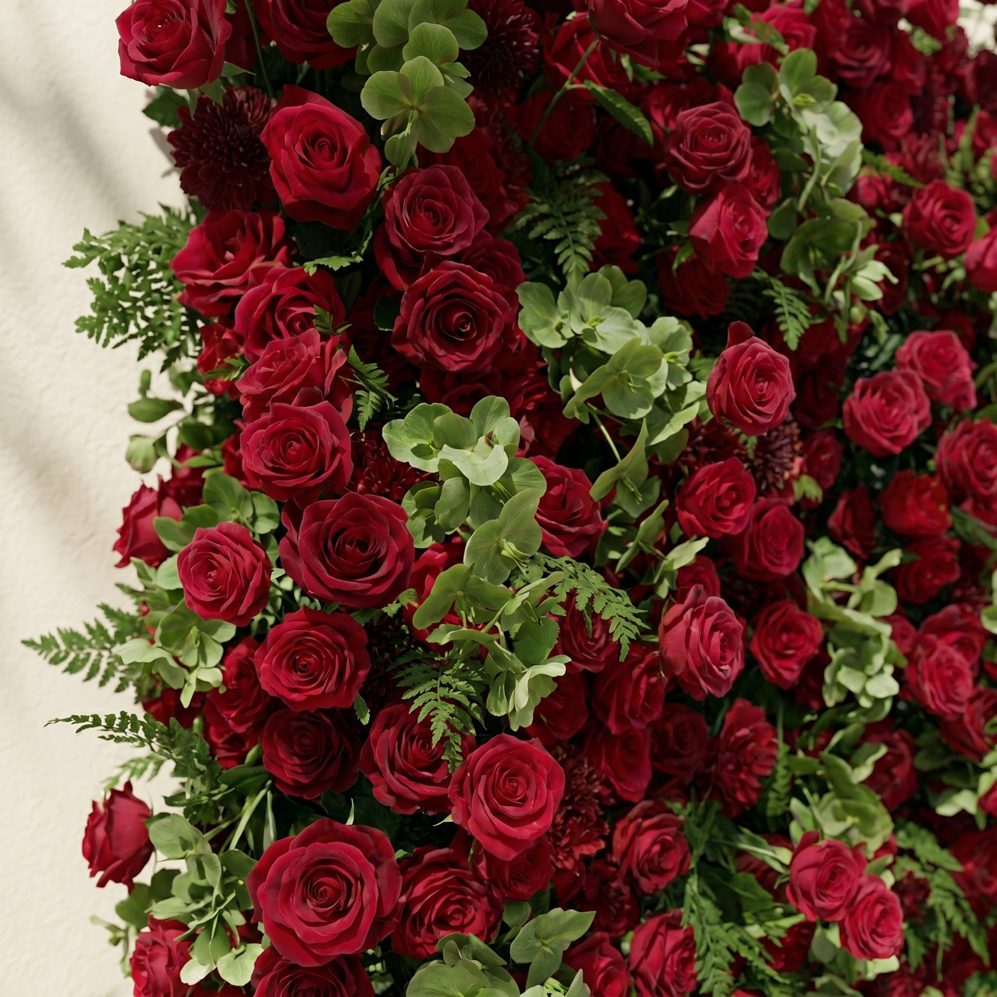 Velrella:Luxury 5D Red Roses Silk Floral Wall with Greenery Roll-Up Backdrop for Romantic Weddings