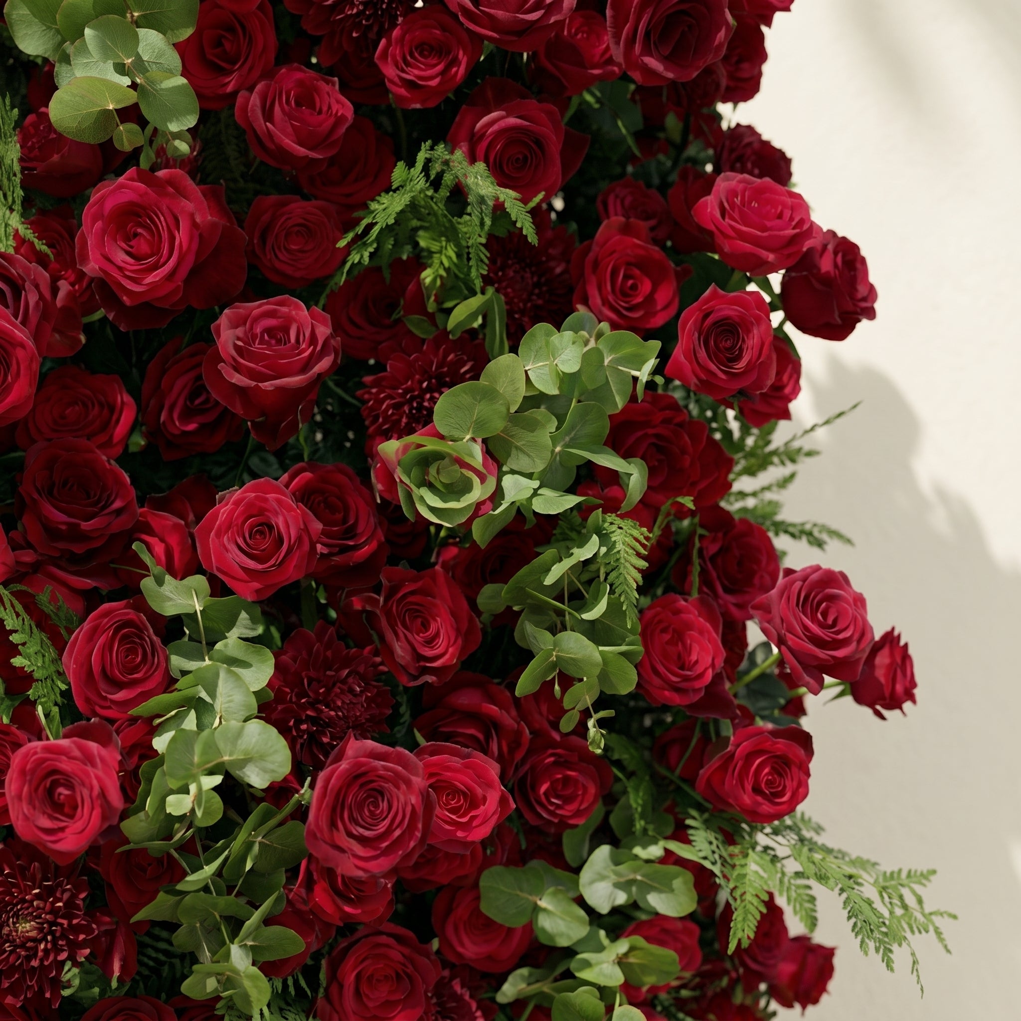 Velrella:Luxury 5D Red Roses Silk Floral Wall with Greenery Roll-Up Backdrop for Romantic Weddings
