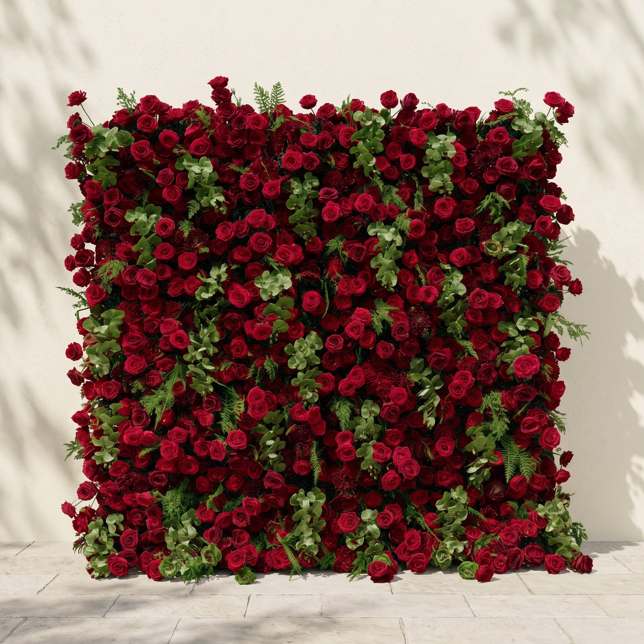 Velrella:Luxury 5D Red Roses Silk Floral Wall with Greenery Roll-Up Backdrop for Romantic Weddings