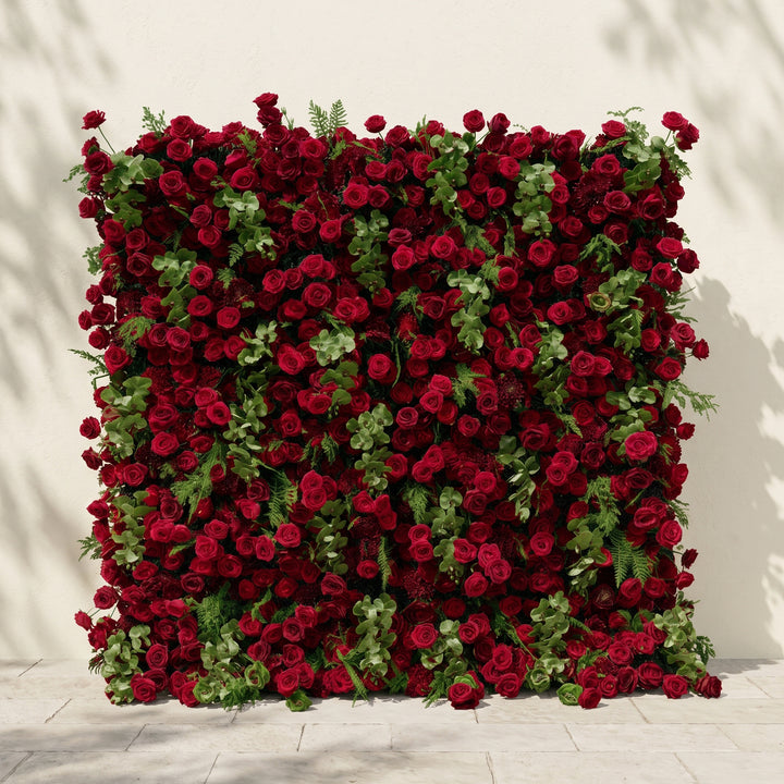 Velrella:Luxury 5D Red Roses Silk Floral Wall with Greenery Roll-Up Backdrop for Romantic Weddings