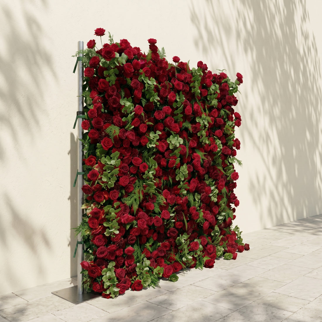 Velrella:Luxury 5D Red Roses Silk Floral Wall with Greenery Roll-Up Backdrop for Romantic Weddings