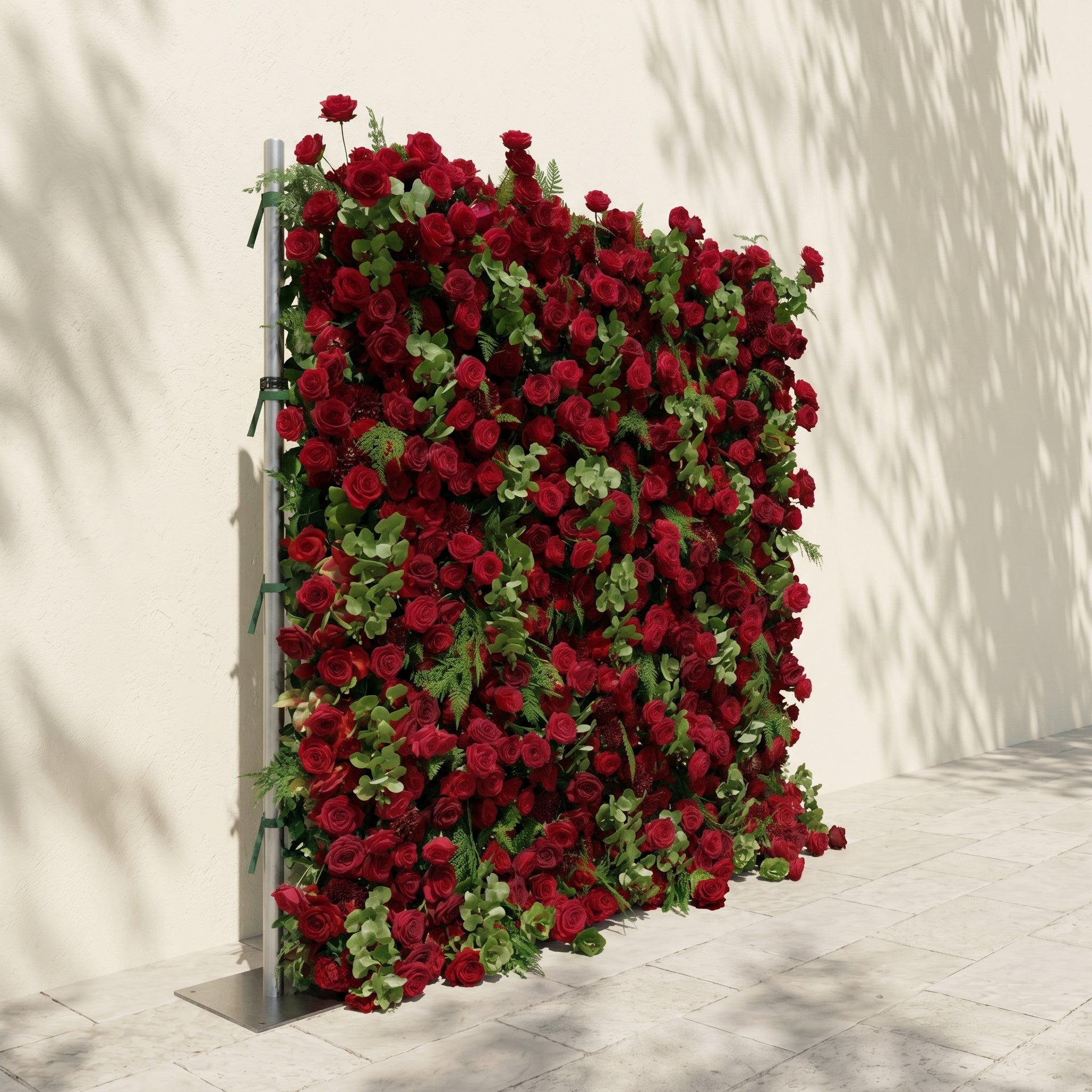 Velrella:Luxury 5D Red Roses Silk Floral Wall with Greenery Roll-Up Backdrop for Romantic Weddings