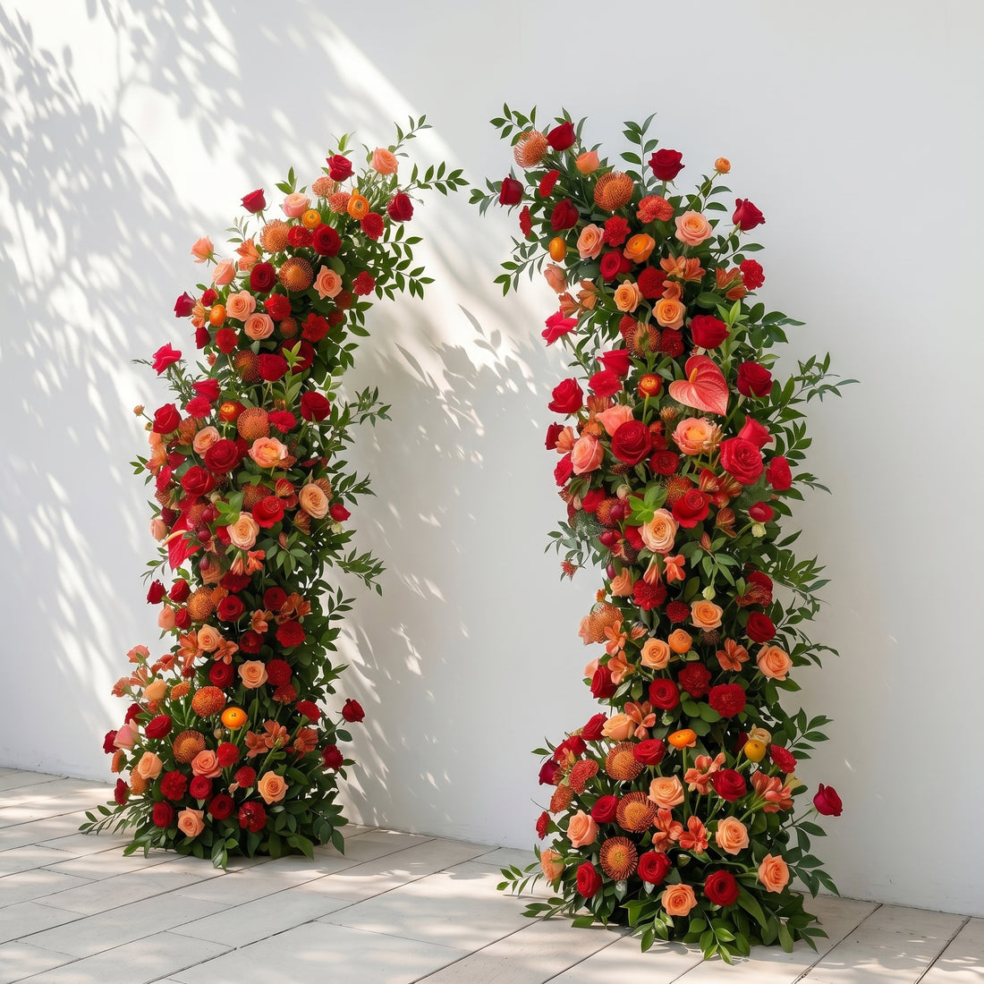 Velyne: Deep Red, Warm Orange &amp; Coral Anthurium Silk Floral Ground Horn Arch Arrangement with Soft Sorelia &amp; Lush Cascading Greenery for Romantic Minimalist Weddings &amp; Garden Event Decor Including Frame