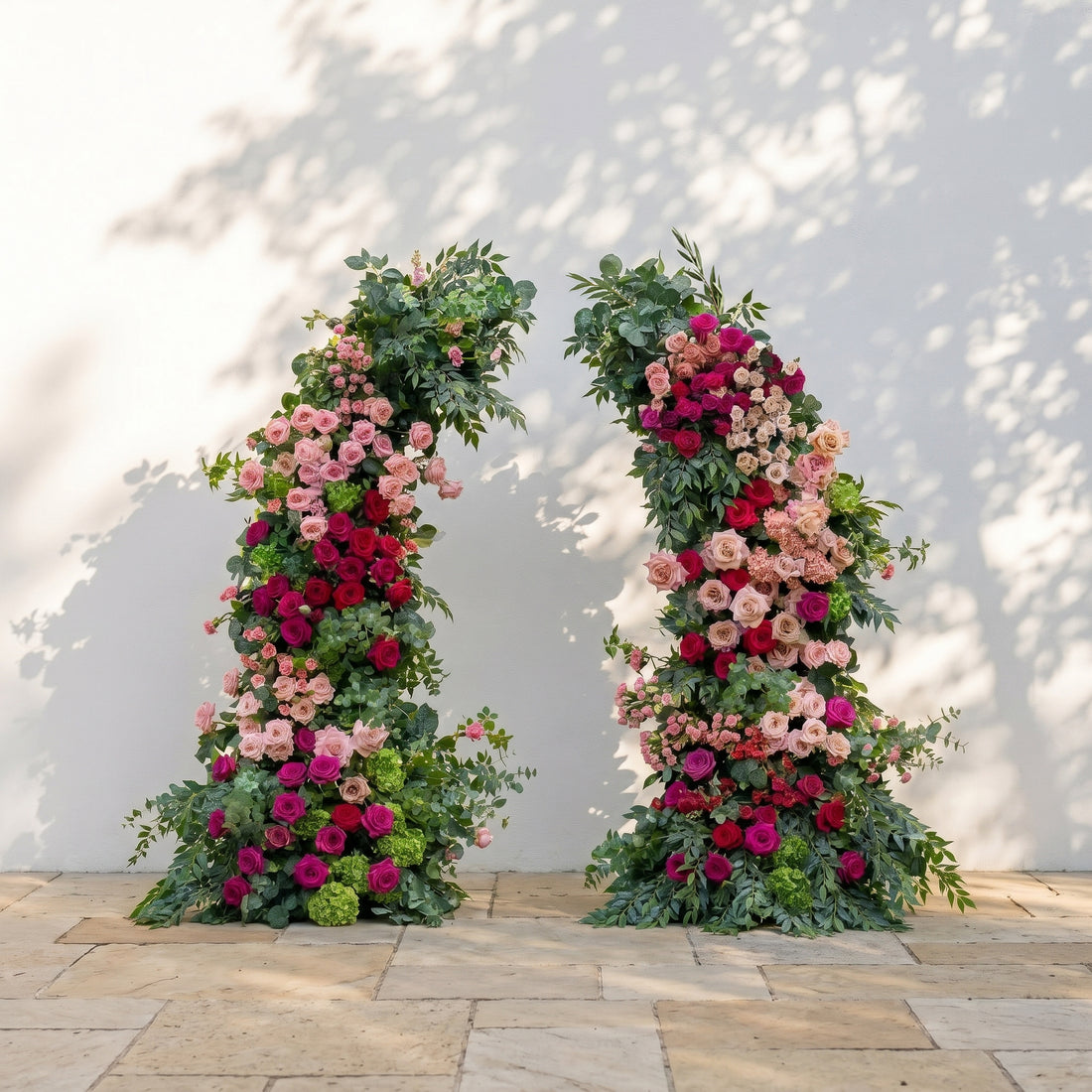 Verlyn: Luxury Blush Pink, Deep Rose Red &amp; Fresh Green Silk Floral Ground Horn Arch Arrangement with Lush Cascading Eucalyptus Greenery for Romantic Minimalist Weddings &amp; Garden Event Decor Including Frame