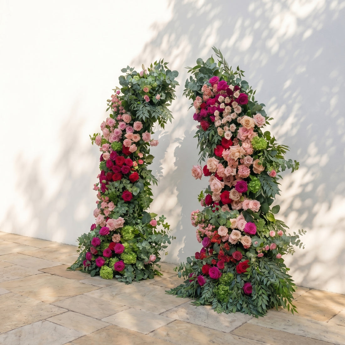 Verlyn: Luxury Blush Pink, Deep Rose Red &amp; Fresh Green Silk Floral Ground Horn Arch Arrangement with Lush Cascading Eucalyptus Greenery for Romantic Minimalist Weddings &amp; Garden Event Decor Including Frame