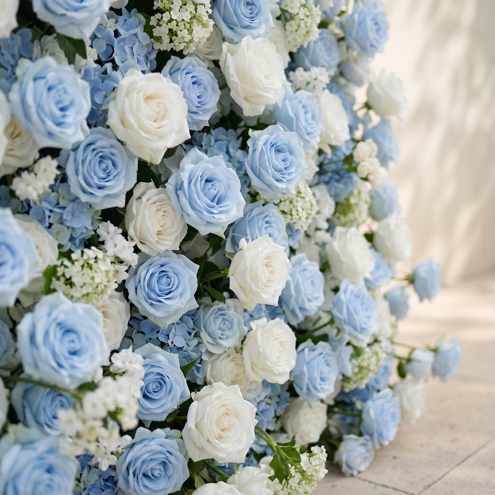 Vesperelia:5D Dusty Baby Blue &amp; Ivory White Silk Rose Flower Wall Roll-Up Fabric Backdrop for Romantic Weddings &amp; Proposals