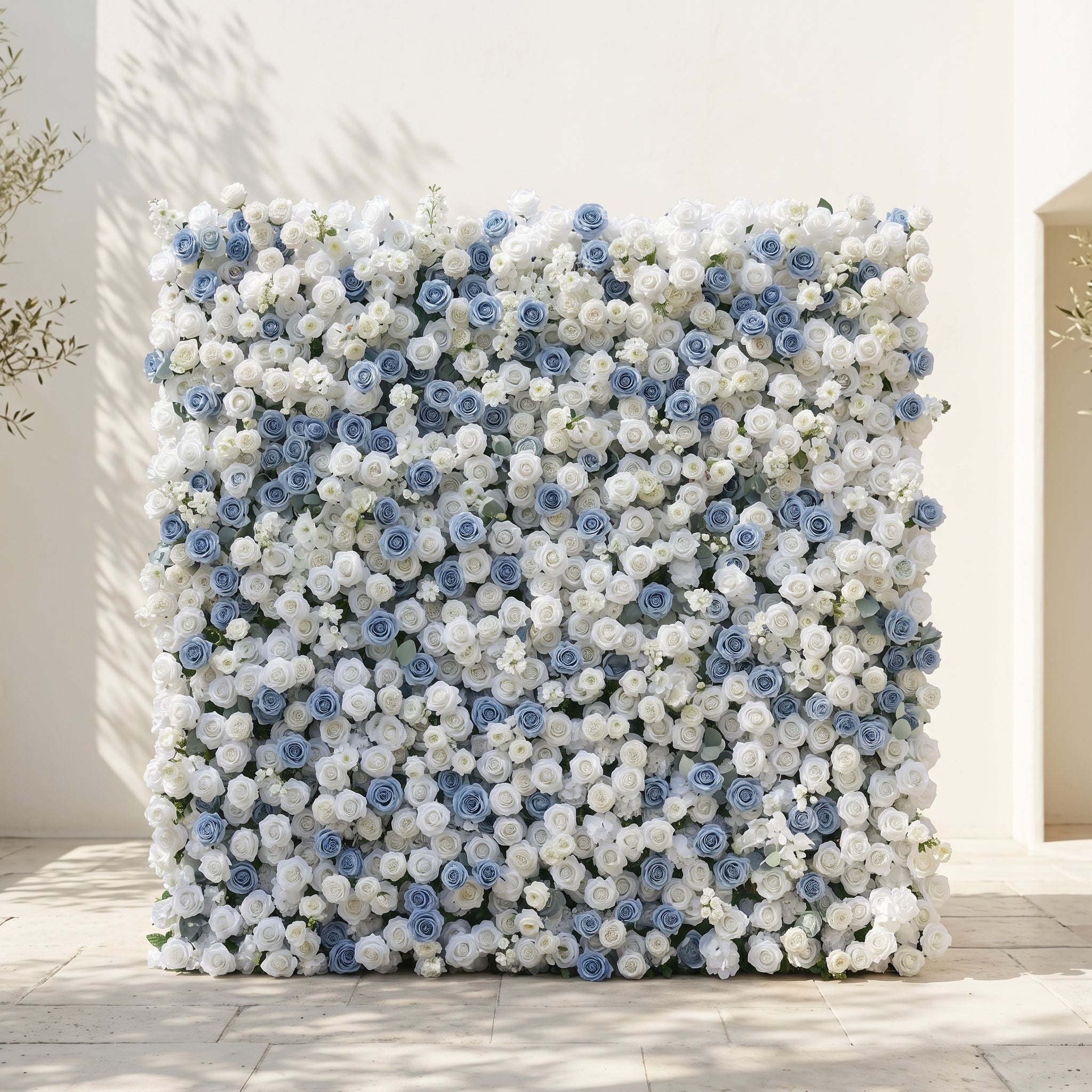 Violavia:Classic Luxury 5D Blue&amp;White roses Flower wall for Wedding&amp;Event Decor violavia front