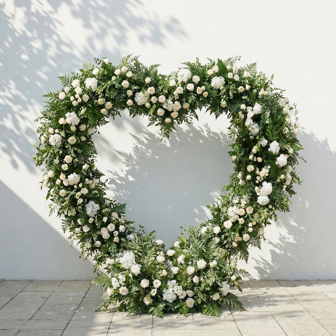 Virelia: Heart-Shaped White Silk Rose and Greenery Flower Arch Floral Arrangement for Romantic Weddings