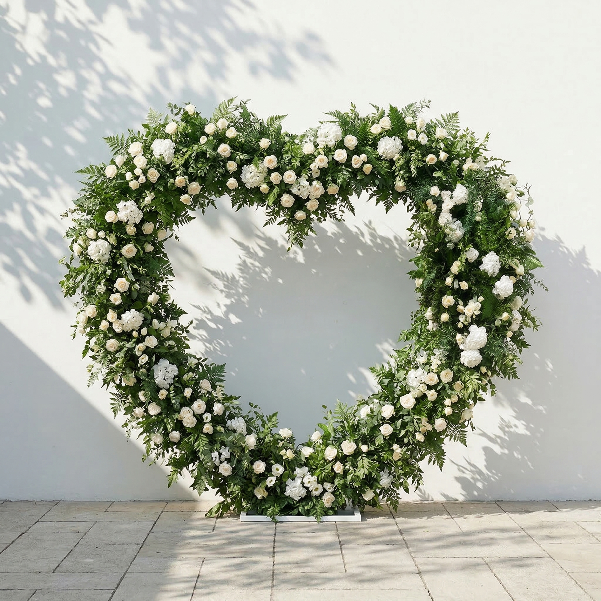 Virelia: Heart-Shaped White Silk Rose and Greenery Flower Arch Floral Arrangement for Romantic Weddings