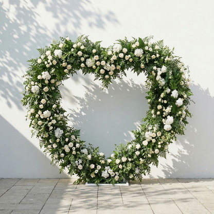 Virelia: Heart-Shaped White Silk Rose and Greenery Flower Arch Floral Arrangement for Romantic Weddings