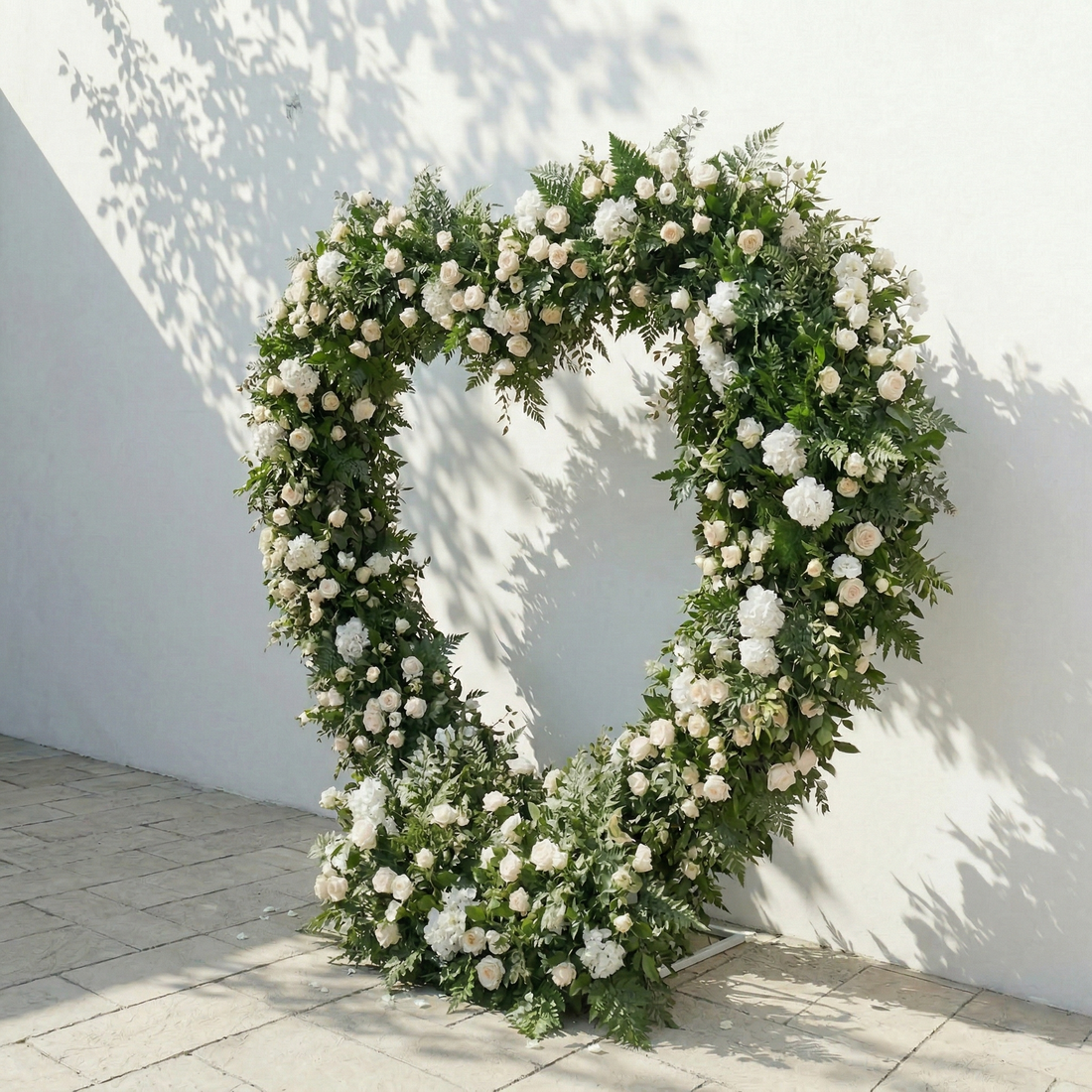 Virelia: Heart-Shaped White Silk Rose and Greenery Flower Arch Floral Arrangement for Romantic Weddings