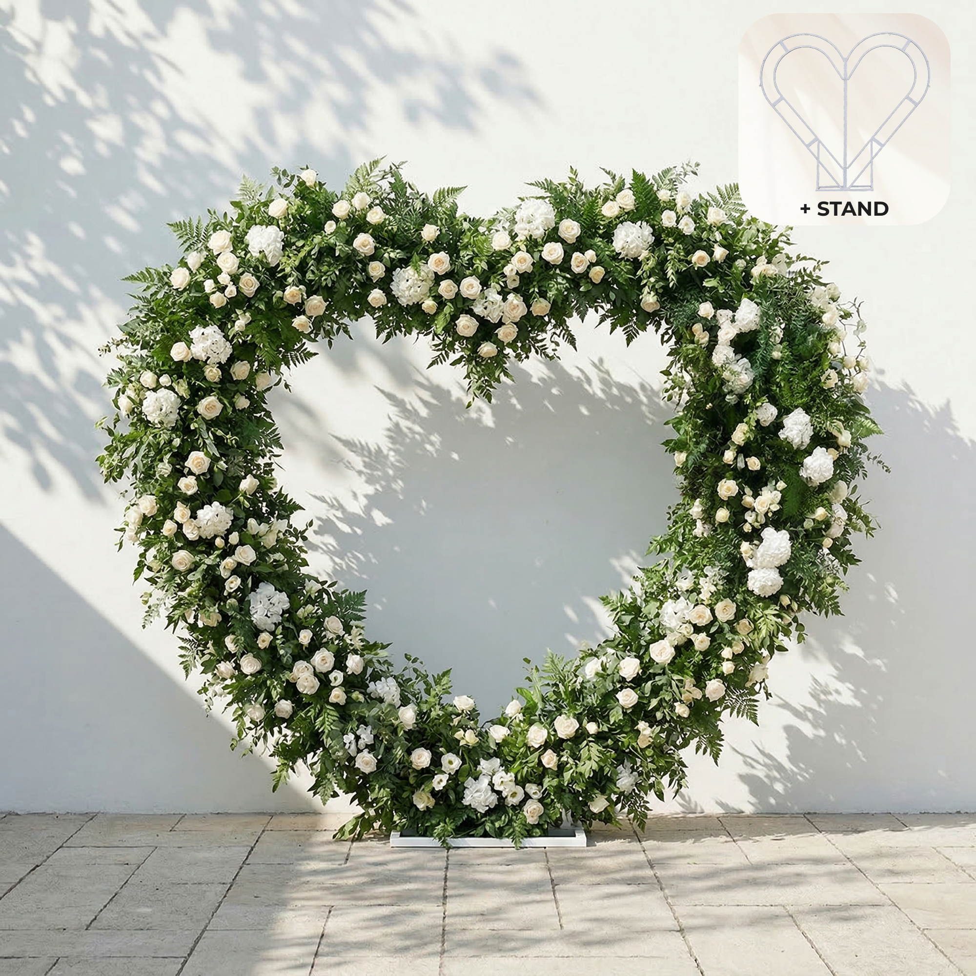 Virelia: Heart-Shaped White Silk Rose and Greenery Flower Arch Floral Arrangement for Romantic Weddings