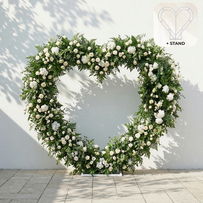 Virelia: Heart-Shaped White Silk Rose and Greenery Flower Arch Floral Arrangement for Romantic Weddings