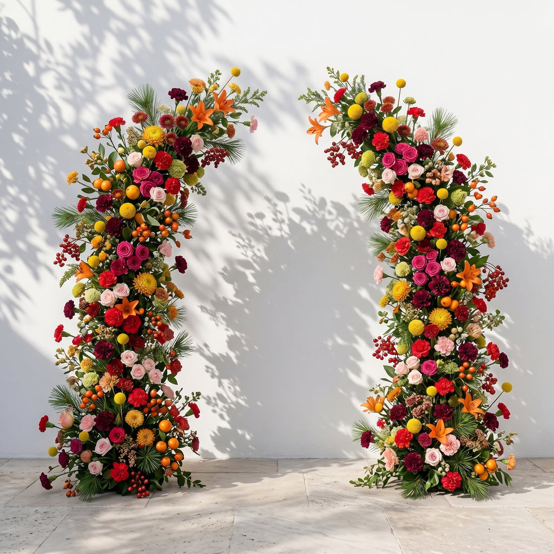 Wilelle: Luxury Vibrant Autumn Rainbow, Orange Lily &amp; Red Berry Silk Floral Ground Horn Arch Arrangement with Soft Sorelia &amp; Lush Cascading Greenery for Romantic Minimalist Weddings &amp; Garden Event Decor Including Frame