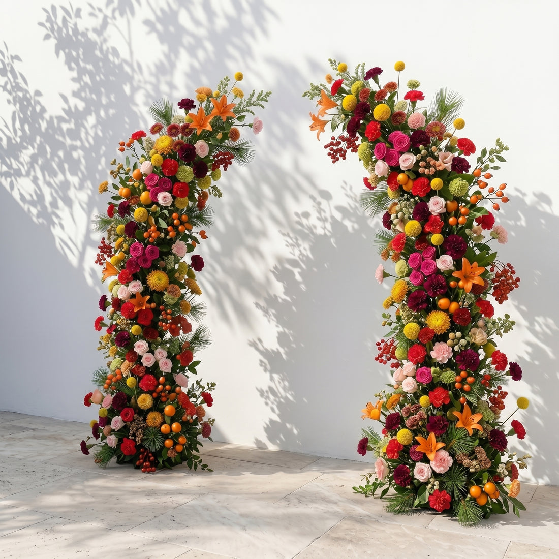 Wilelle: Luxury Vibrant Autumn Rainbow, Orange Lily &amp; Red Berry Silk Floral Ground Horn Arch Arrangement with Soft Sorelia &amp; Lush Cascading Greenery for Romantic Minimalist Weddings &amp; Garden Event Decor Including Frame