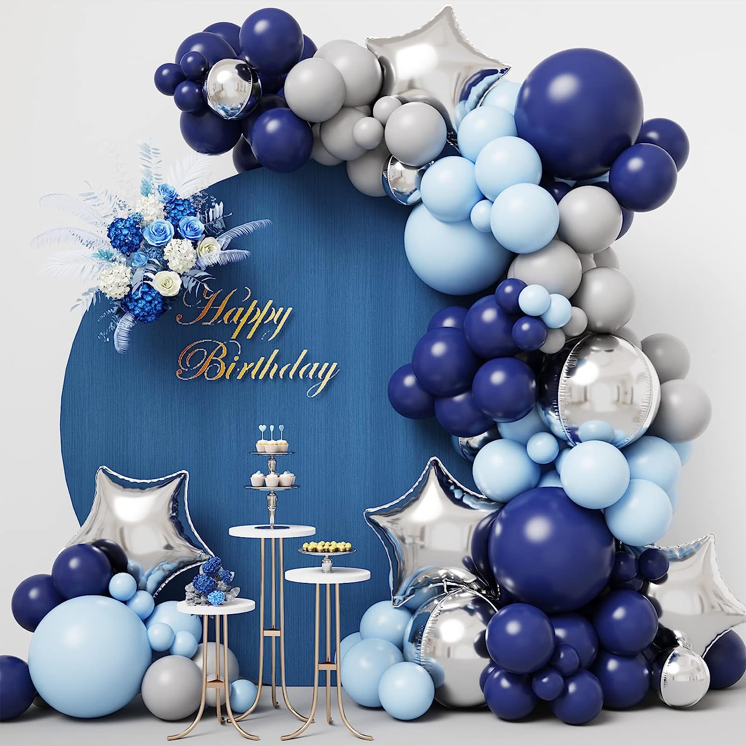X017: 155pcs Blue Silver Balloons for Happy Birthday Wedding Anniversary Valentine&