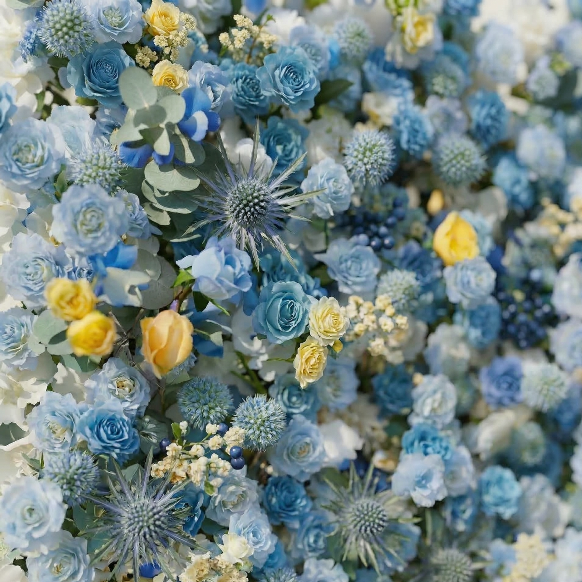 Xyra: 5D Dusty Blue and Azure Silk Rose Flower Wall Roll-Up Fabric Backdrop for Coastal Weddings &amp; Events