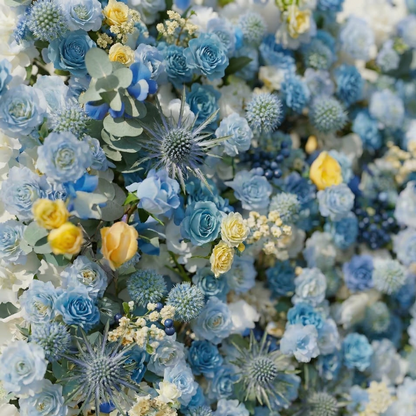 Xyra: 5D Dusty Blue and Azure Silk Rose Flower Wall Roll-Up Fabric Backdrop for Coastal Weddings &amp; Events