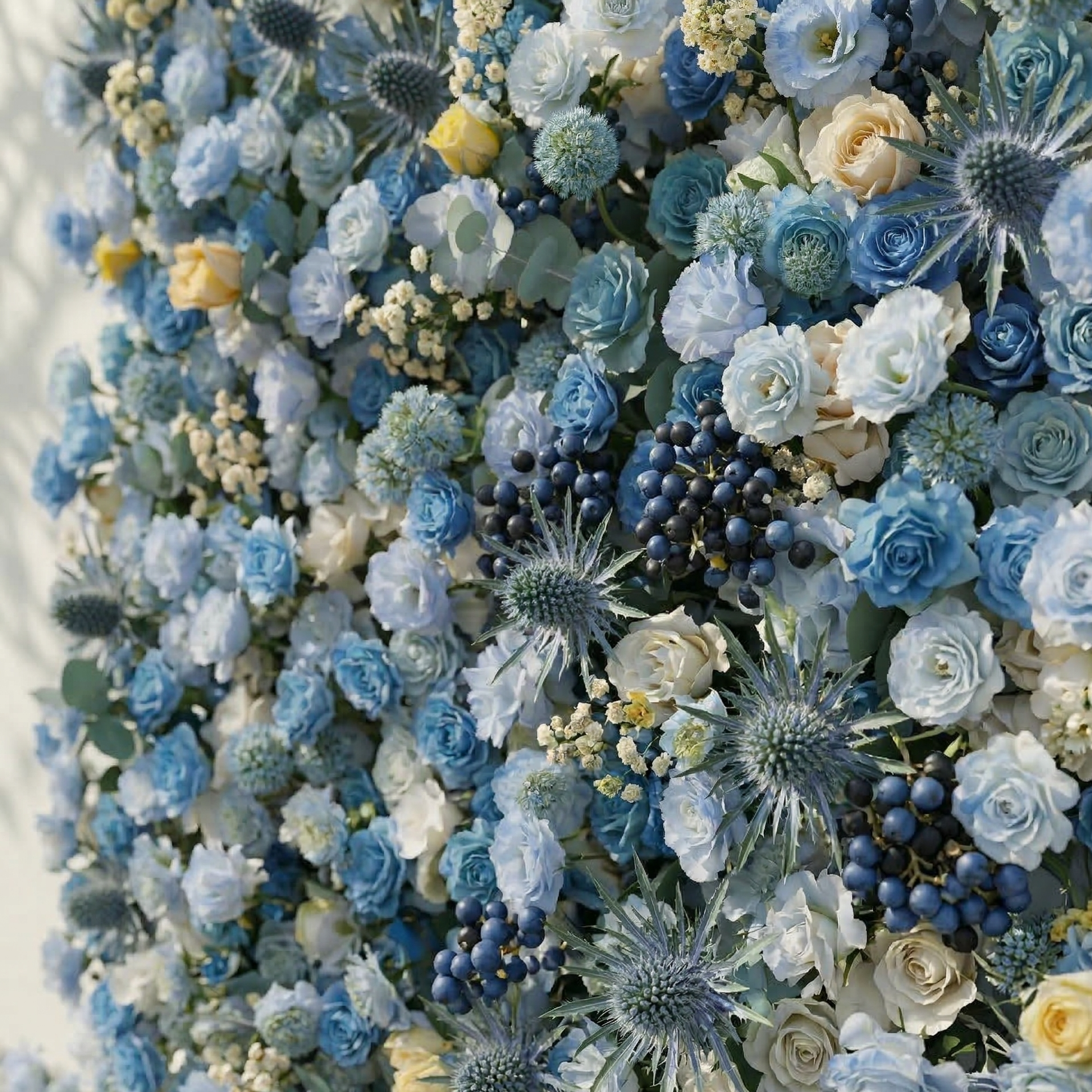 Xyra: 5D Dusty Blue and Azure Silk Rose Flower Wall Roll-Up Fabric Backdrop for Coastal Weddings &amp; Events