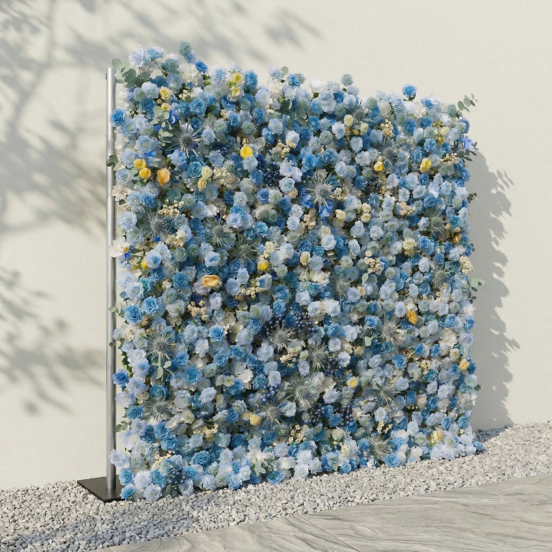 Xyra: 5D Dusty Blue and Azure Silk Rose Flower Wall Roll-Up Fabric Backdrop for Coastal Weddings &amp; Events