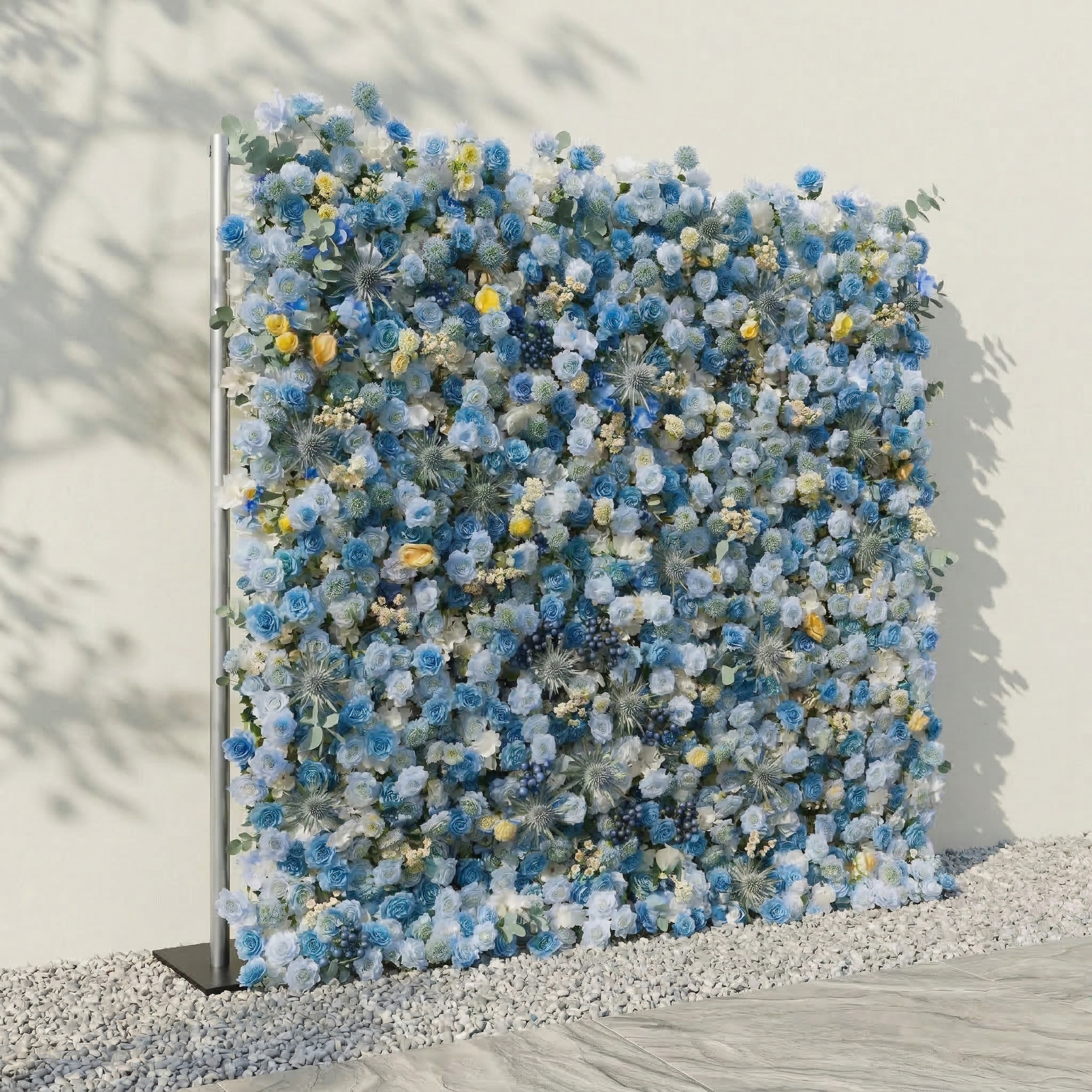 Xyra: 5D Dusty Blue and Azure Silk Rose Flower Wall Roll-Up Fabric Backdrop for Coastal Weddings &amp; Events