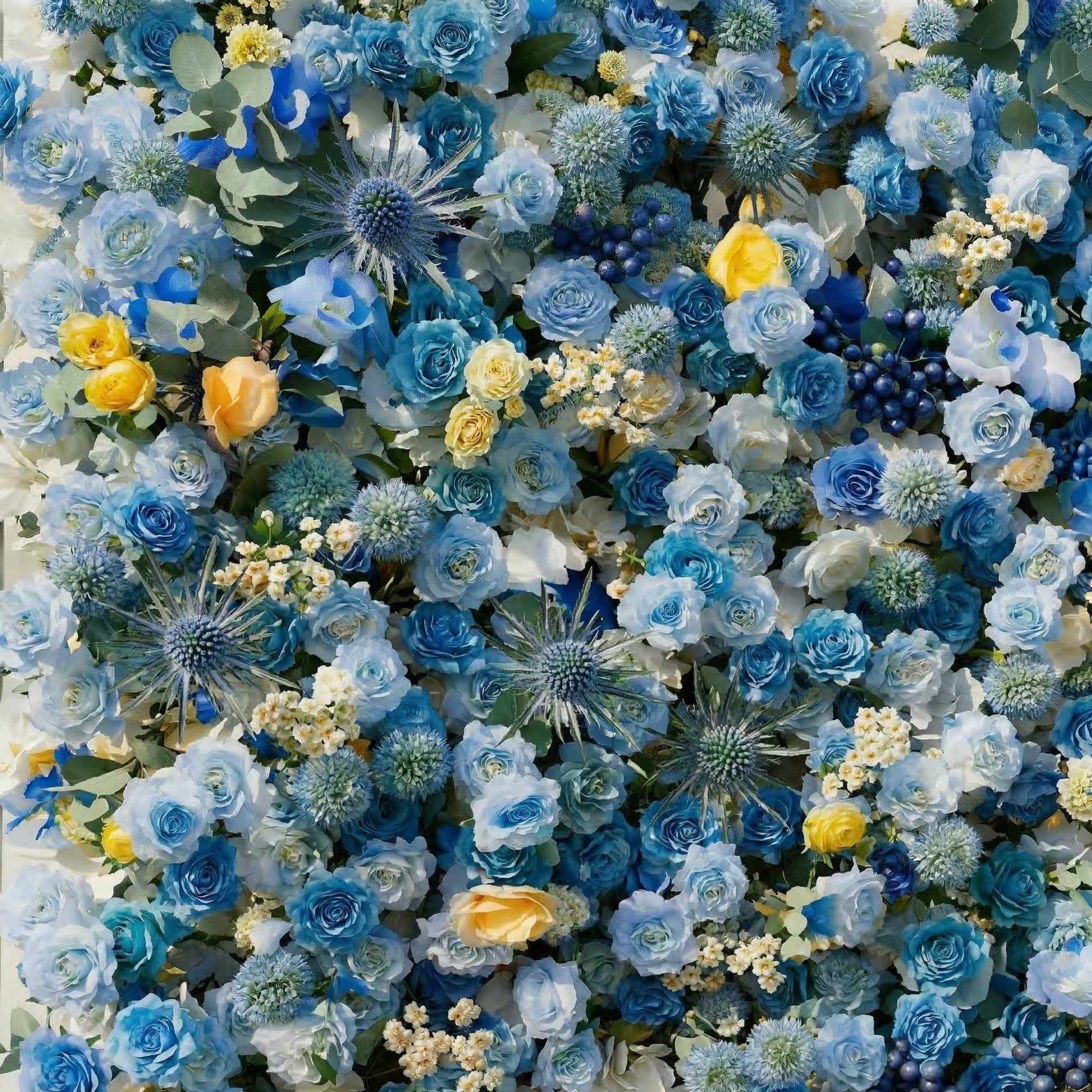 Xyra: 5D Dusty Blue and Azure Silk Rose Flower Wall Roll-Up Fabric Backdrop for Coastal Weddings &amp; Events
