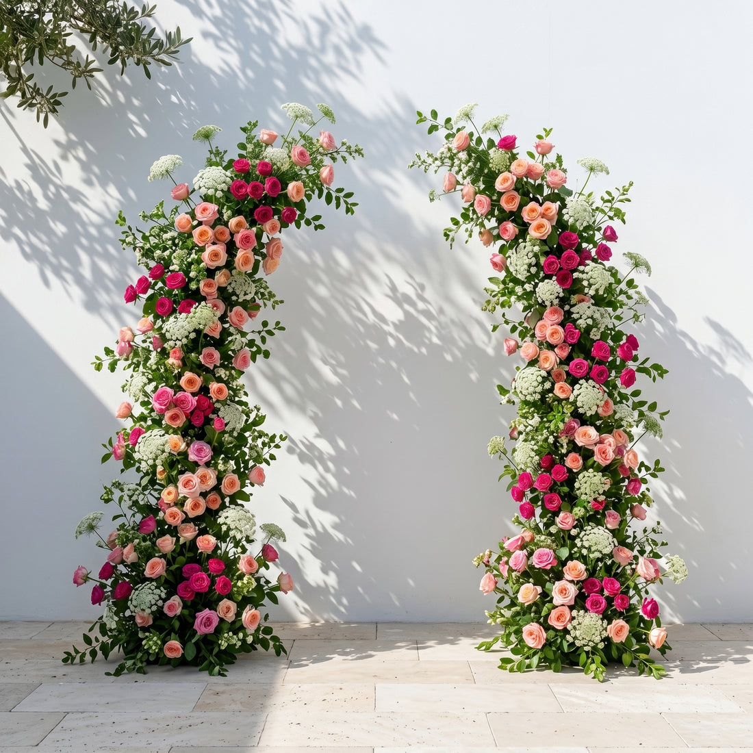 Yarelle:Luxury Blush Pink, Hot Rose Red &amp; White Lace Silk Floral Ground Horn Arch Arrangement with Lush Cascading Greenery for Romantic Minimalist Weddings &amp; Garden Event Decor Including Frame