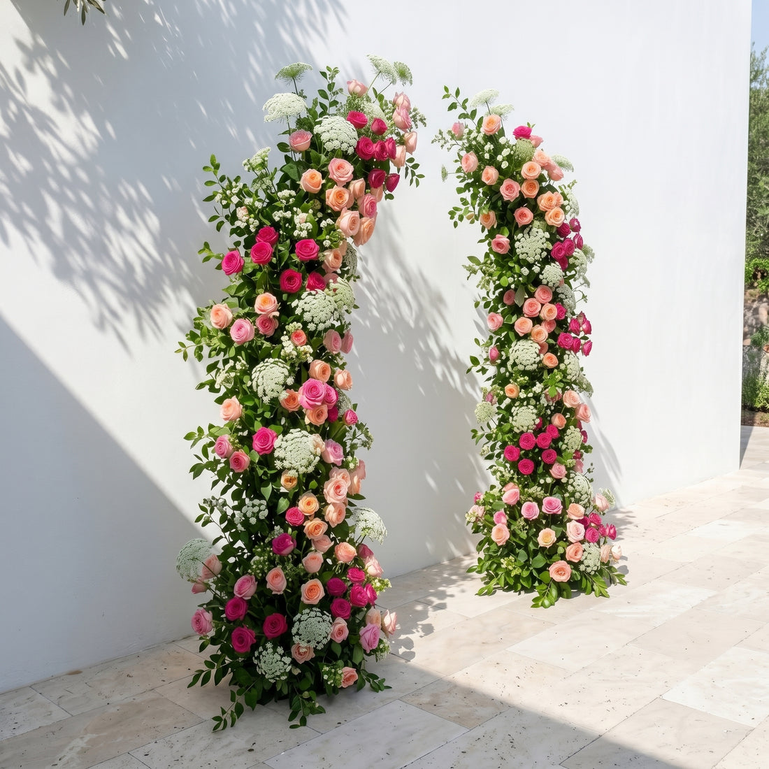 Yarelle:Luxury Blush Pink, Hot Rose Red &amp; White Lace Silk Floral Ground Horn Arch Arrangement with Lush Cascading Greenery for Romantic Minimalist Weddings &amp; Garden Event Decor Including Frame