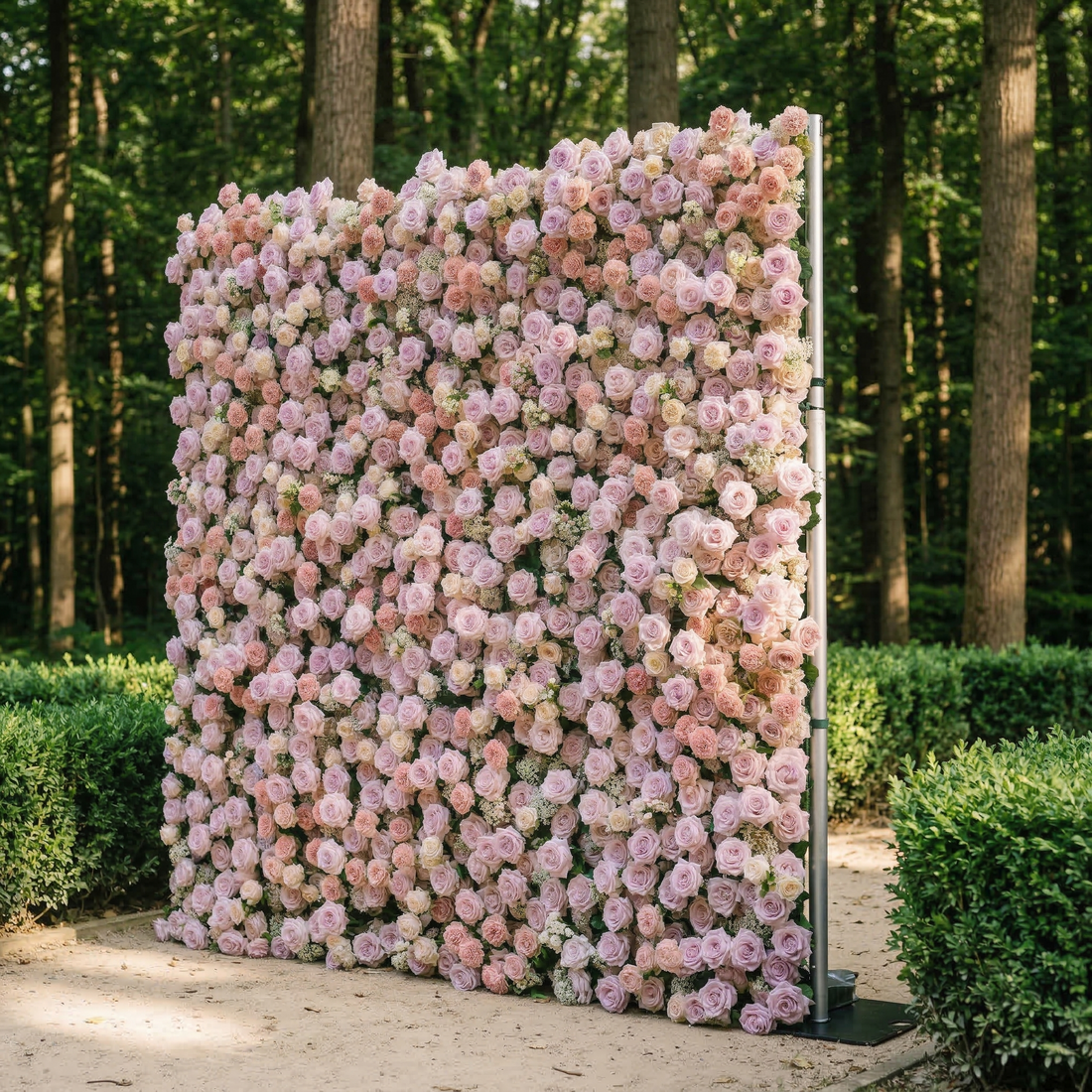Yavelle: 5D Soft Pink &amp; Light Lavender Silk Rose Flower Wall Roll-Up Fabric Backdrop for Elegant Weddings