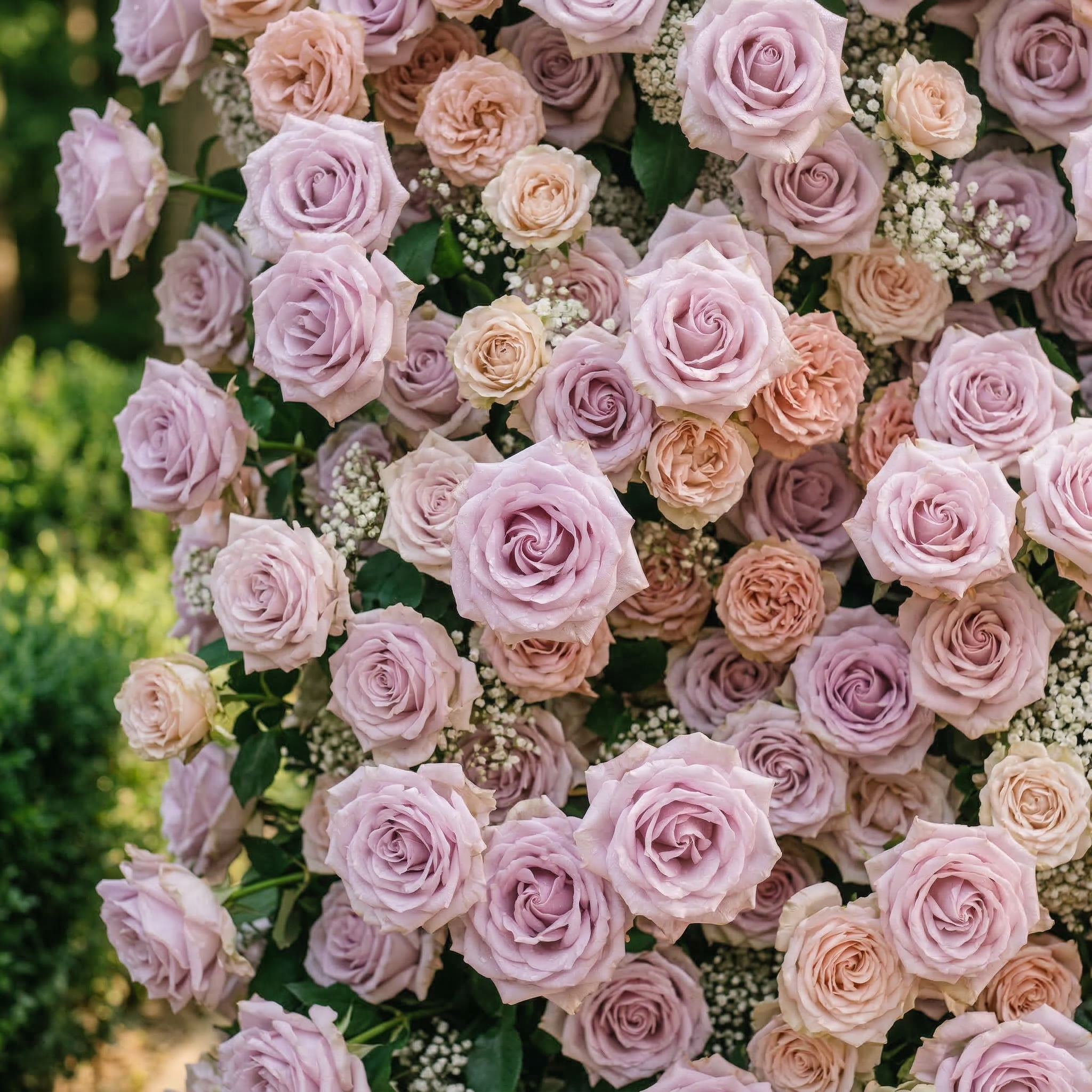 Yavelle: 5D Soft Pink &amp; Light Lavender Silk Rose Flower Wall Roll-Up Fabric Backdrop for Elegant Weddings