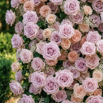 Yavelle: 5D Soft Pink &amp; Light Lavender Silk Rose Flower Wall Roll-Up Fabric Backdrop for Elegant Weddings