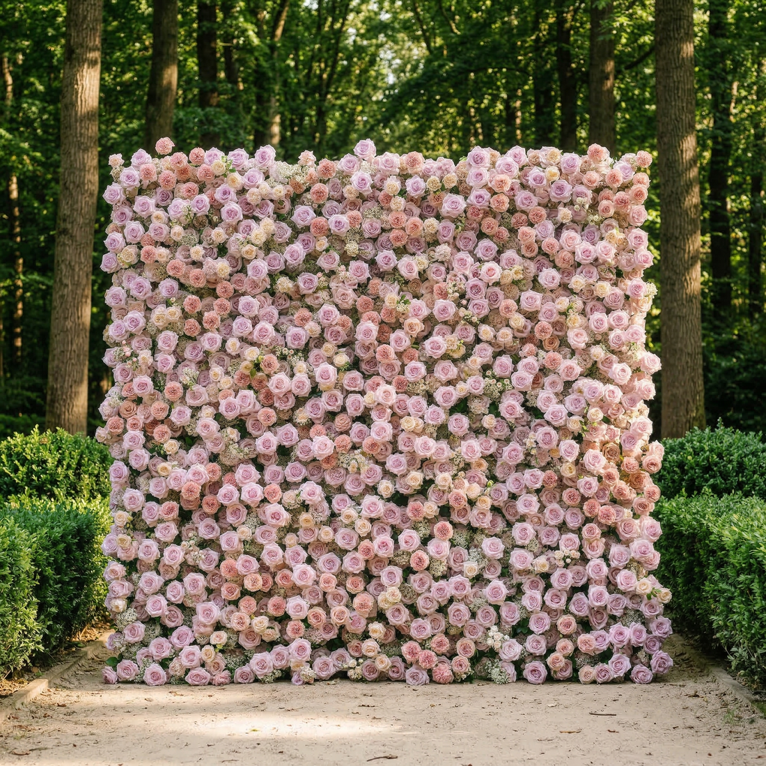 Yavelle: 5D Soft Pink &amp; Light Lavender Silk Rose Flower Wall Roll-Up Fabric Backdrop for Elegant Weddings