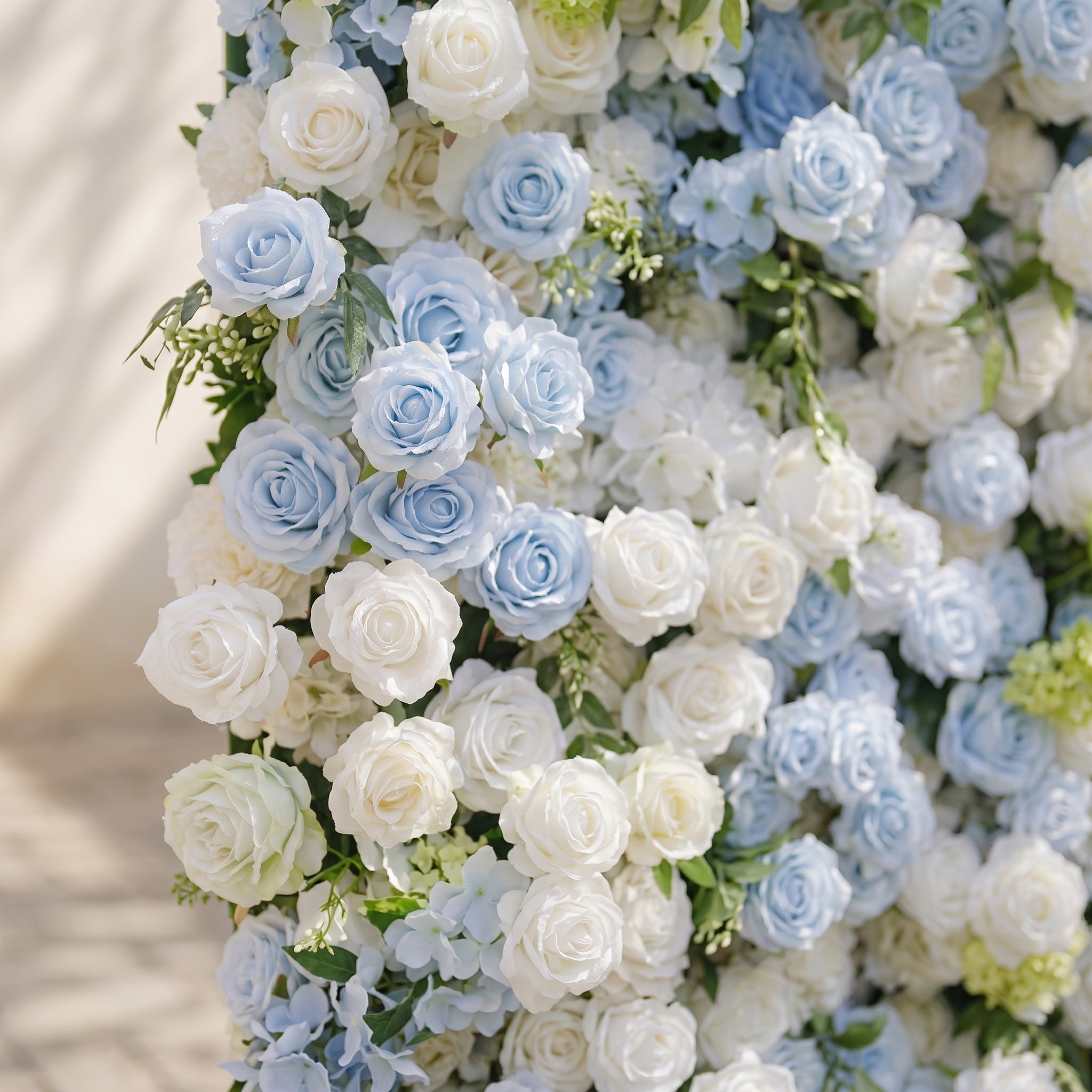 Zarenette:5D Dusty Baby Blue &amp; Ivory White Silk Rose Flower Wall Roll-Up Fabric Backdrop for Romantic Weddings &amp; Proposals