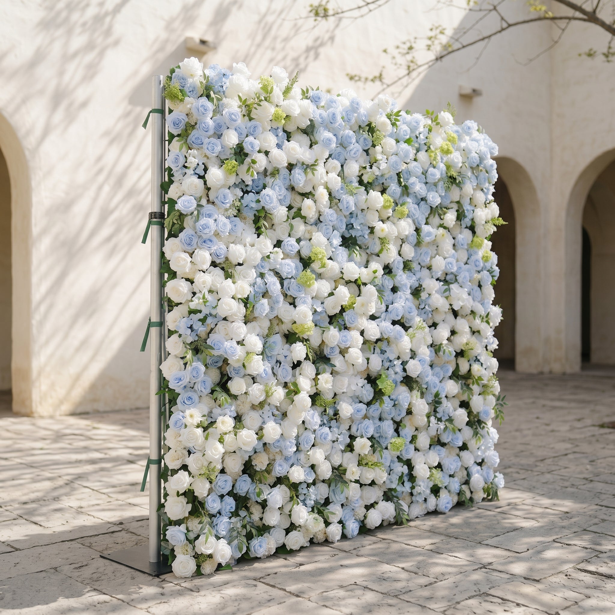 Zarenette:5D Dusty Baby Blue &amp; Ivory White Silk Rose Flower Wall Roll-Up Fabric Backdrop for Romantic Weddings &amp; Proposals
