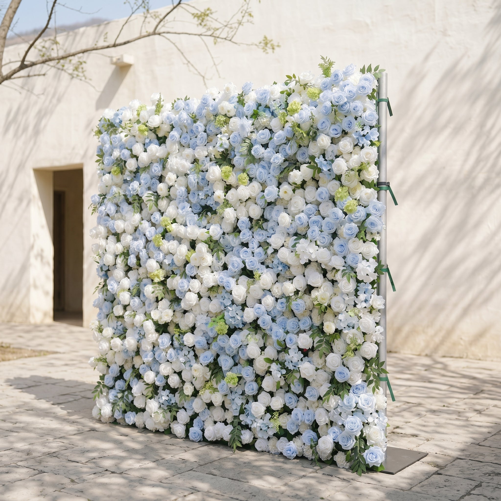 Zarenette:5D Dusty Baby Blue &amp; Ivory White Silk Rose Flower Wall Roll-Up Fabric Backdrop for Romantic Weddings &amp; Proposals