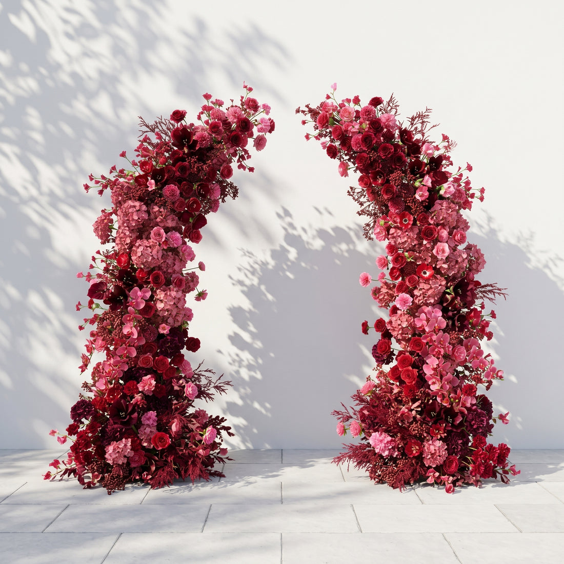 Zarenira: Luxury Burgundy Red, Deep Wine &amp; Blush Pink Silk Floral Ground Horn Arch Arrangement with Soft Sorelia &amp; Lush Cascading Foliage Greenery for Romantic Minimalist Weddings &amp; Garden Event Decor Including Frame
