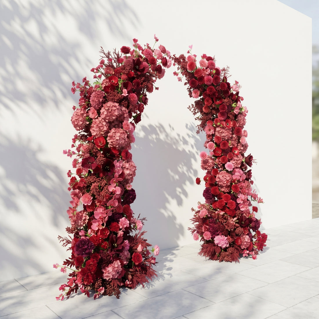 Zarenira: Luxury Burgundy Red, Deep Wine &amp; Blush Pink Silk Floral Ground Horn Arch Arrangement with Soft Sorelia &amp; Lush Cascading Foliage Greenery for Romantic Minimalist Weddings &amp; Garden Event Decor Including Frame