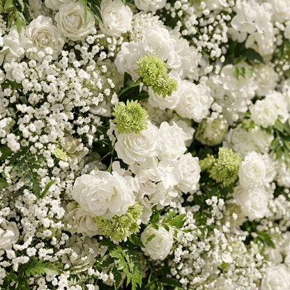 Zarensira:5D Luxury Ivory White Silk Rose, Baby Breath &amp; Lush Greenery Flower Wall Roll-Up Fabric Backdrop for Romantic Minimalist Weddings, Bridal Showers &amp; Proposal Event Decor