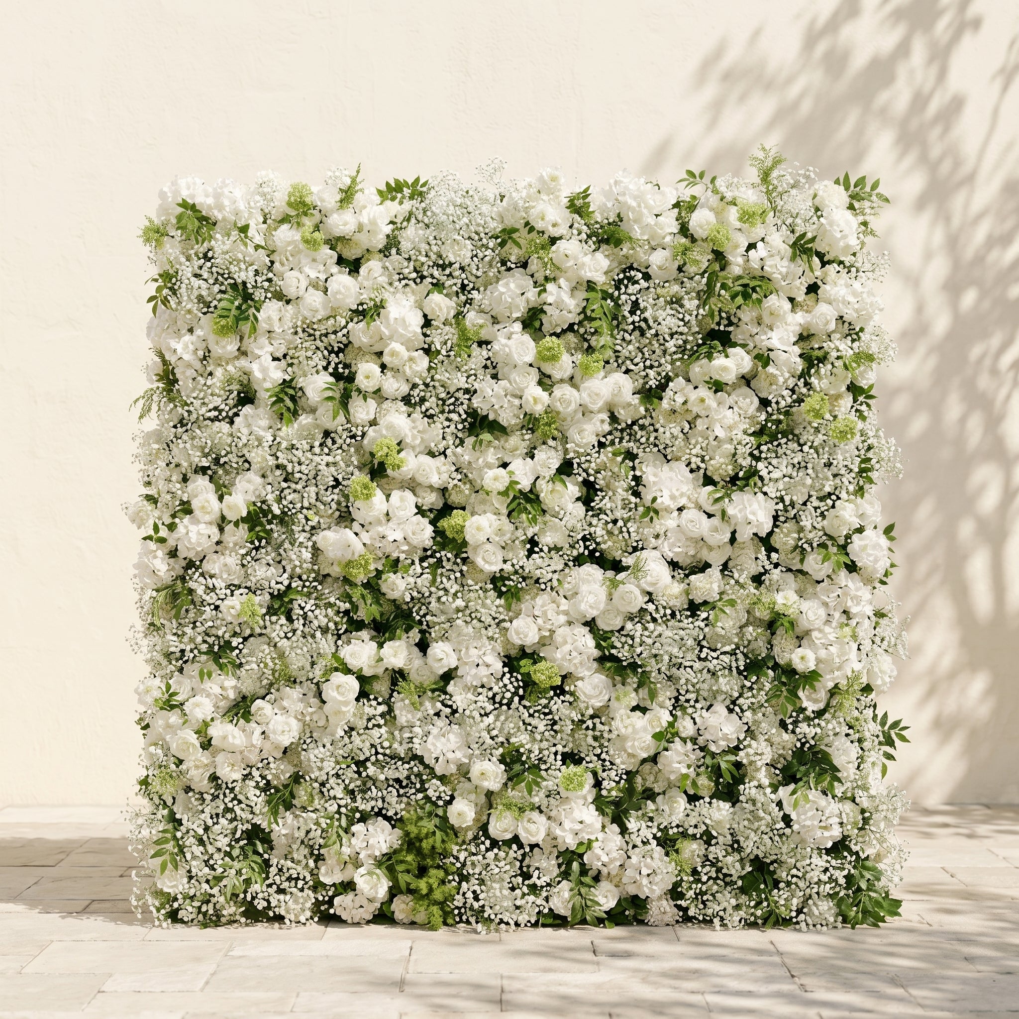 Zarensira:5D Luxury Ivory White Silk Rose, Baby Breath &amp; Lush Greenery Flower Wall Roll-Up Fabric Backdrop for Romantic Minimalist Weddings, Bridal Showers &amp; Proposal Event Decor