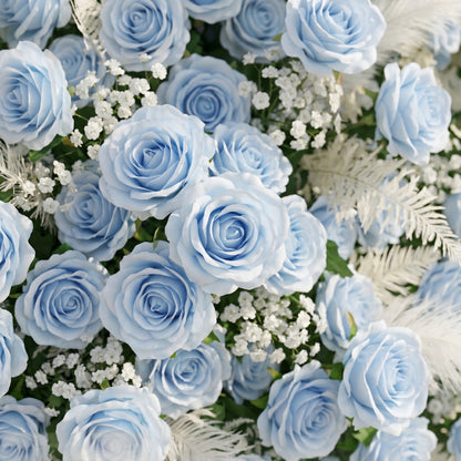 Zarenviane:Luxury 5D Dusty Blue Floral Wall with Greenery Roll-Up Backdrop for Serene Garden Weddings