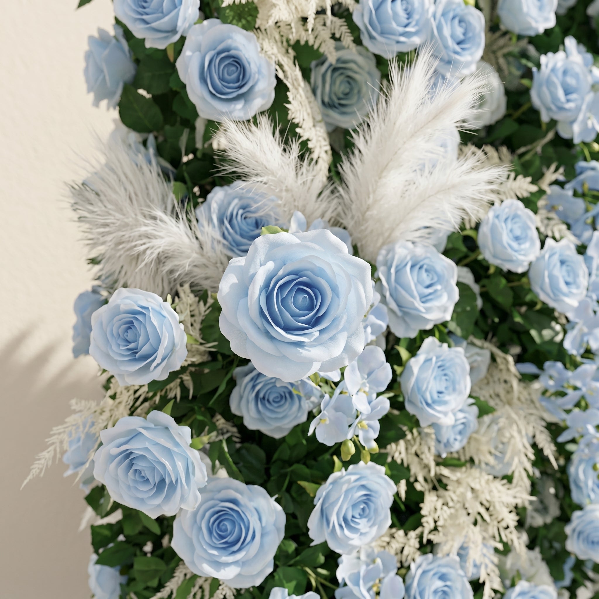 Zarenviane:Luxury 5D Dusty Blue Floral Wall with Greenery Roll-Up Backdrop for Serene Garden Weddings