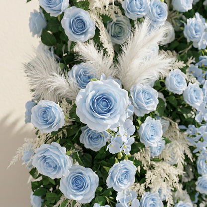 Zarenviane:Luxury 5D Dusty Blue Floral Wall with Greenery Roll-Up Backdrop for Serene Garden Weddings