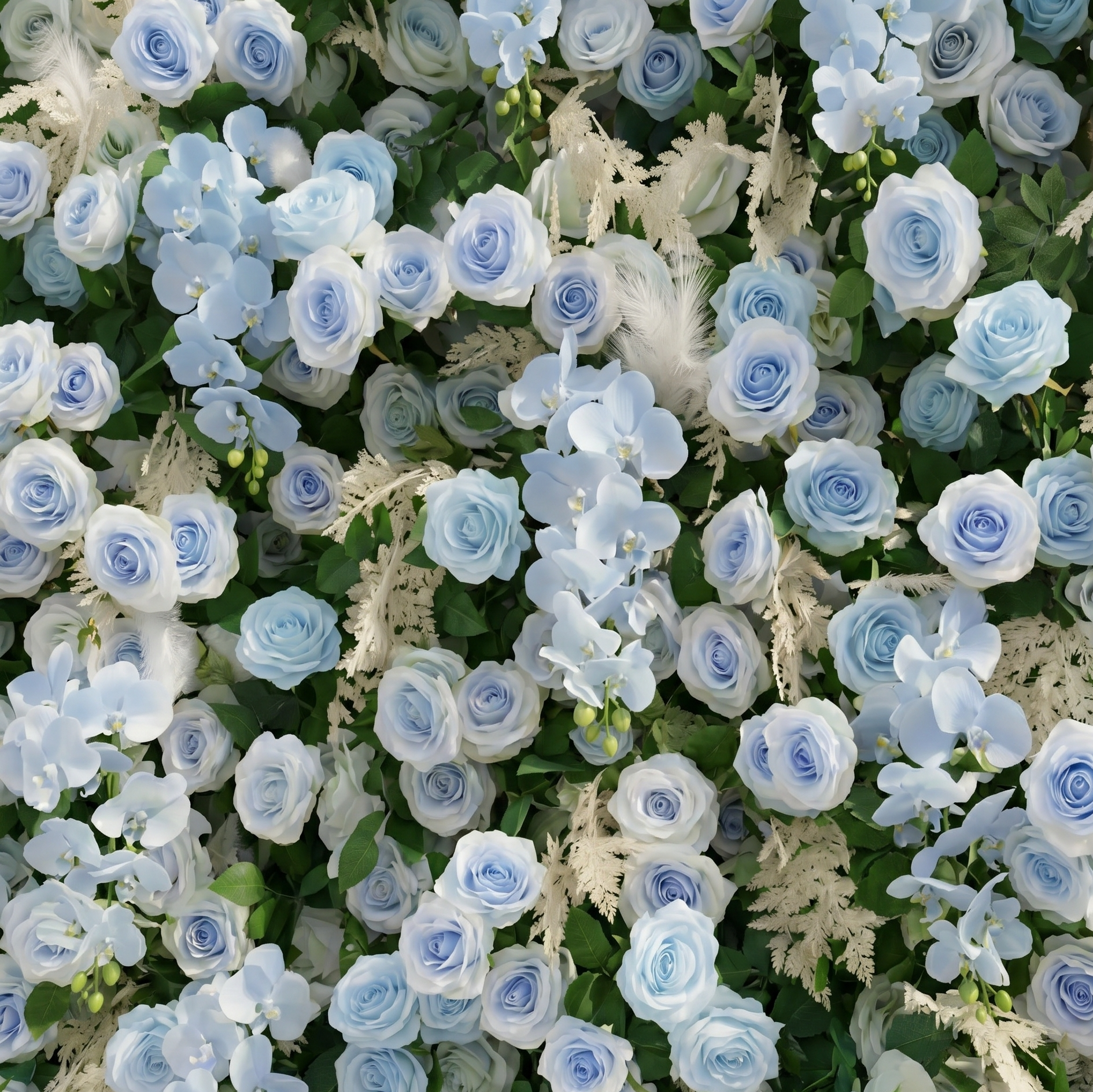 Zarenviane:Luxury 5D Dusty Blue Floral Wall with Greenery Roll-Up Backdrop for Serene Garden Weddings