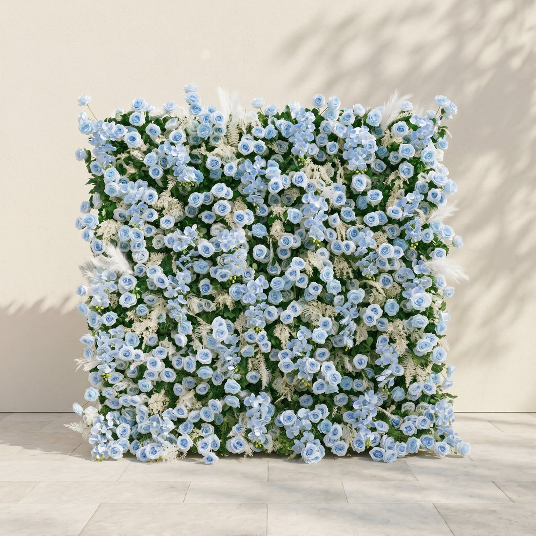 Zarenviane:Luxury 5D Dusty Blue Floral Wall with Greenery Roll-Up Backdrop for Serene Garden Weddings